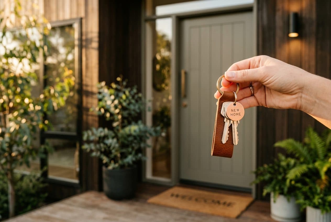 A hand holding new house keys at a welcoming front door