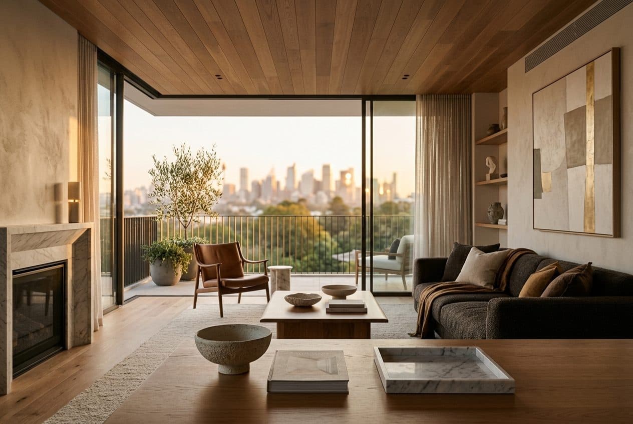 A luxurious apartment living room with a city view at golden hour