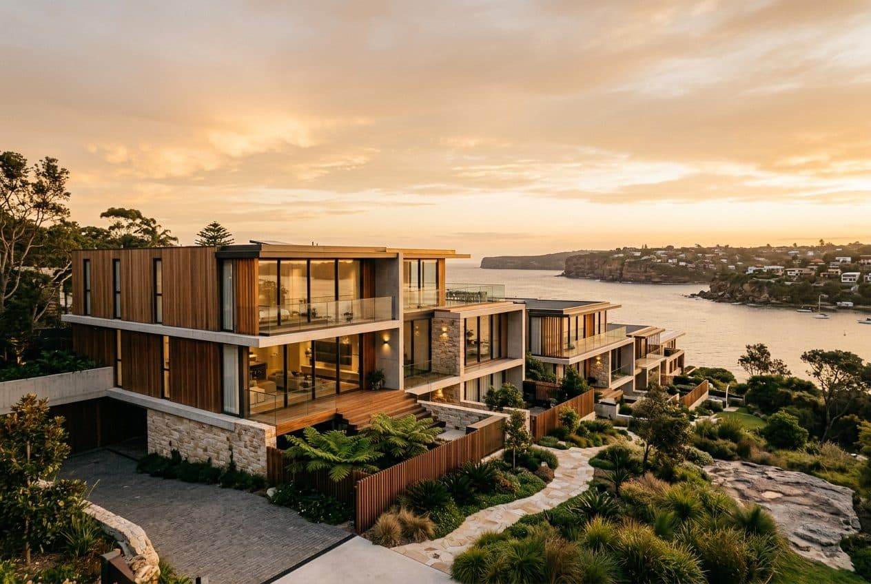 Premium contemporary Australian homes overlooking the coast at golden hour