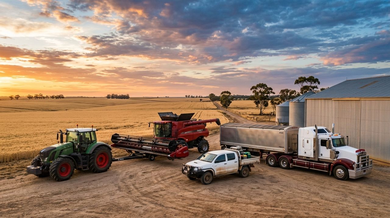 A tractor, harvester header, farm ute and grain truck lined up on an Australian property at golden hour