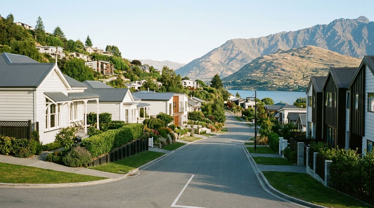 A tidy New Zealand residential street of weatherboard villas on a green hillside with a lake and mountains beyond
