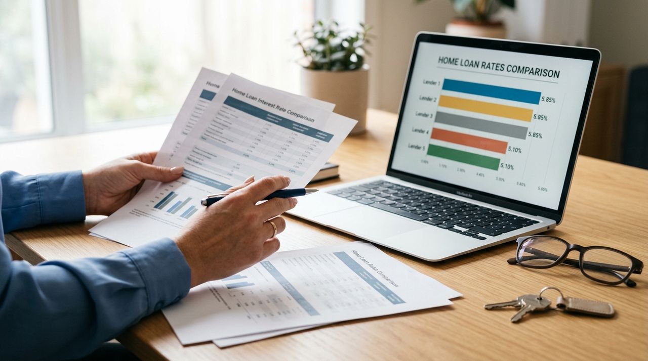 Hands comparing home loan rate sheets next to a laptop showing a bar chart of lender interest rates