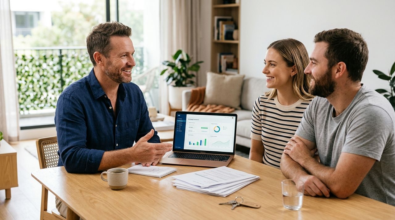 A mortgage broker talking through home loan options with a young couple at a table in a bright Sydney apartment