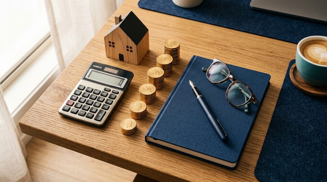 Desk with a house model, calculator and rising stacks of coins representing the debt recycling cycle