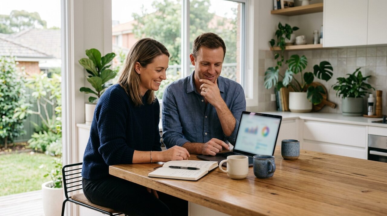 Australian couple reviewing their loan structure and investments at the kitchen bench