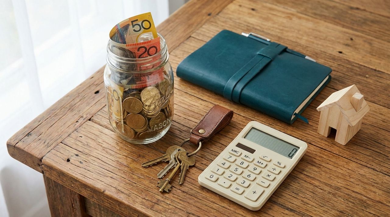 A jar of Australian cash and coins beside house keys, a calculator and a small house model