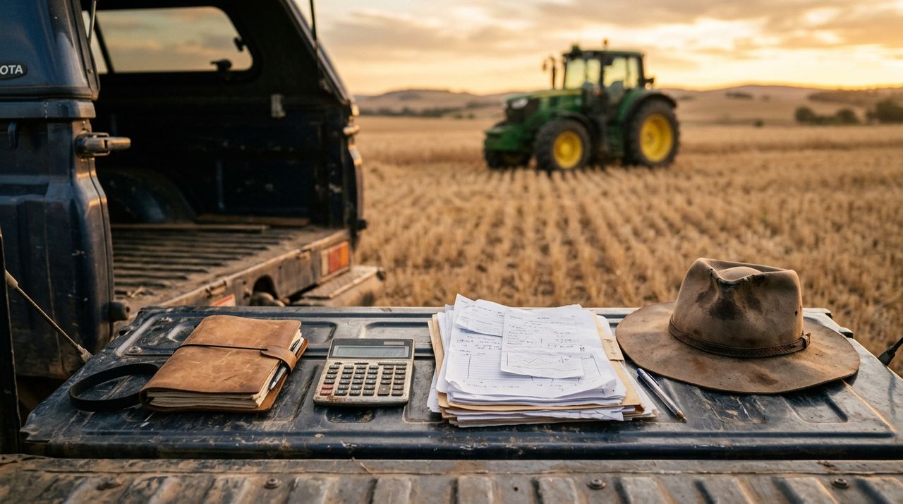A calculator, notebook, paperwork and akubra hat on the tailgate of a farm ute at golden hour