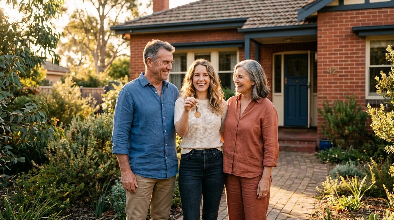 Australian parents with their adult daughter holding house keys in front of a brick family home