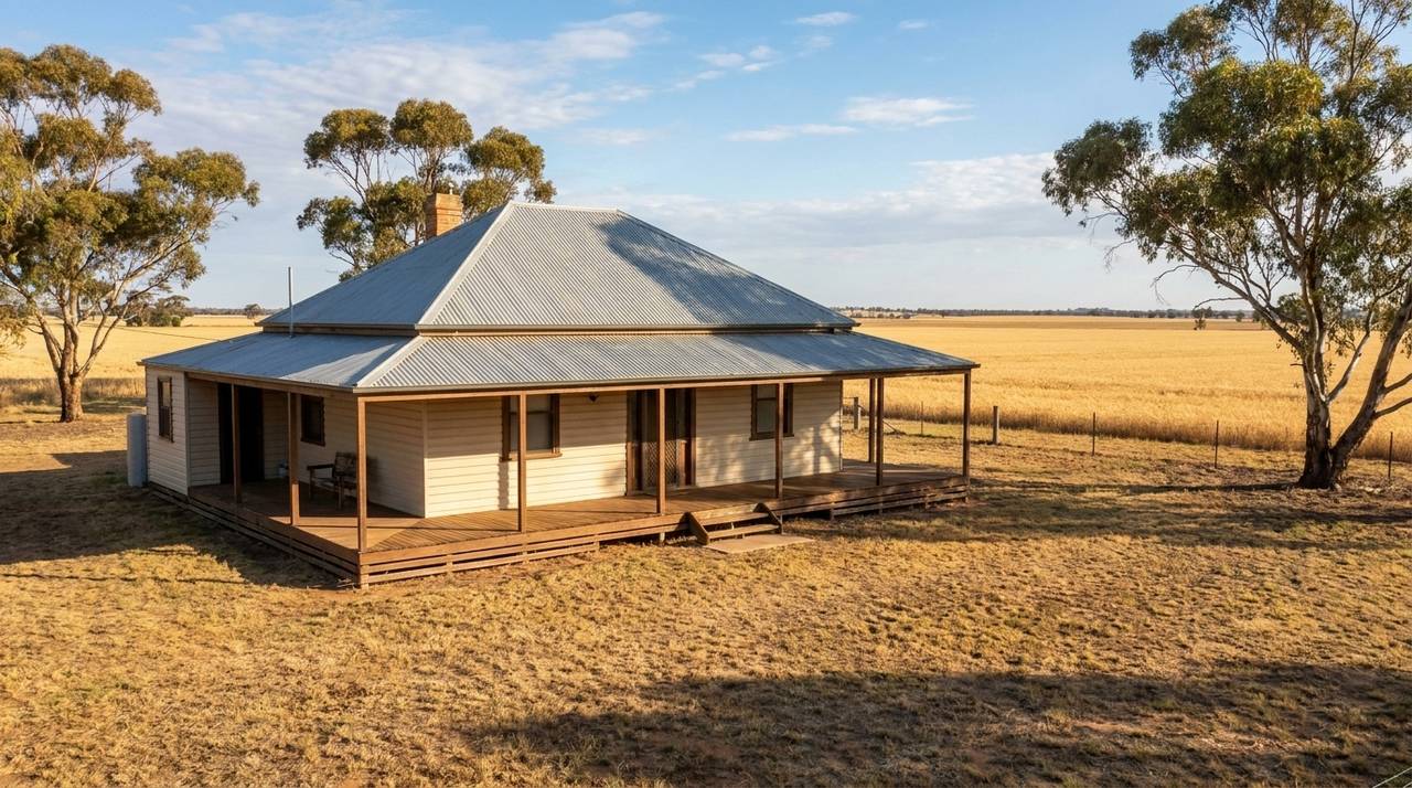 A modest tin-roof home with a wide verandah on the edge of a North West NSW town, wheat paddocks beyond the back fence