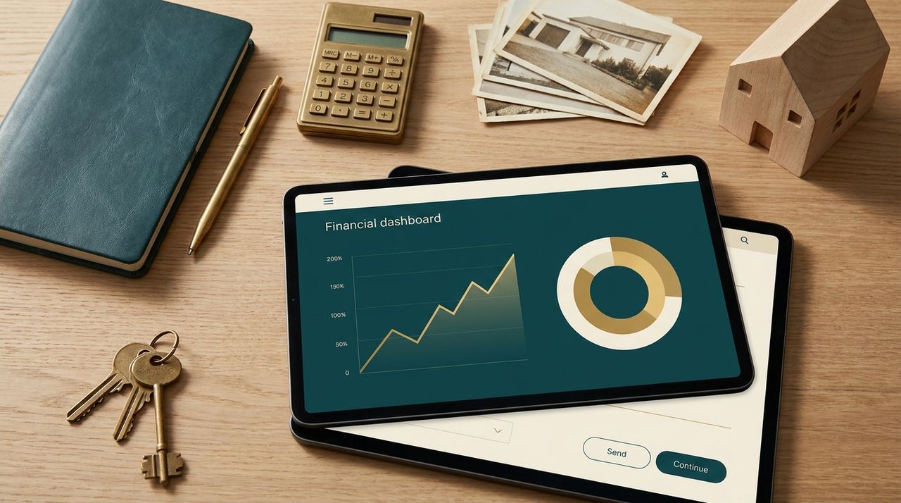 A wealth dashboard showing a rising net worth chart and asset allocation breakdown next to house keys and property documents