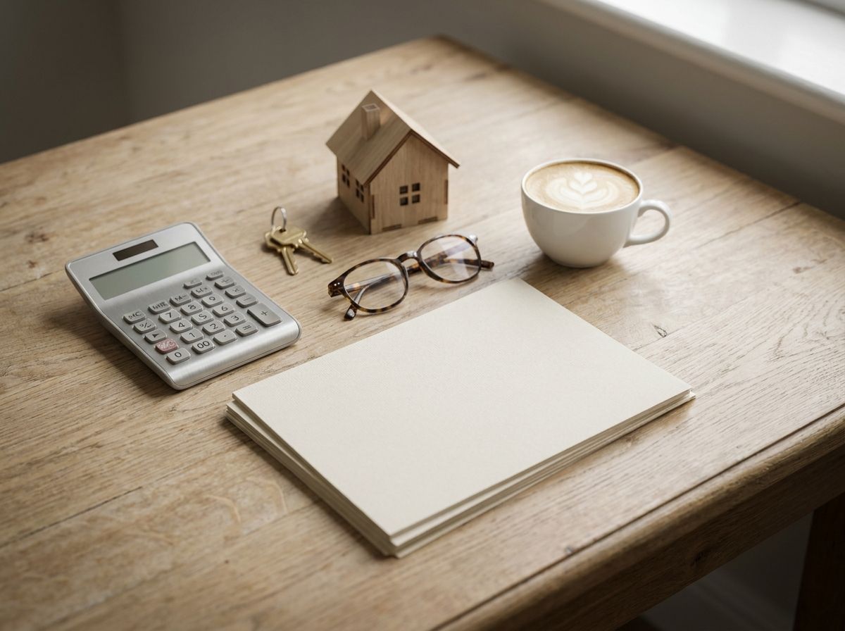 Calculator, house keys, a small model house and blank documents on a timber desk