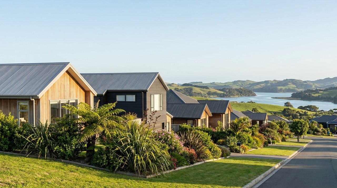 Row of modern New Zealand homes on a green hillside street above a harbour