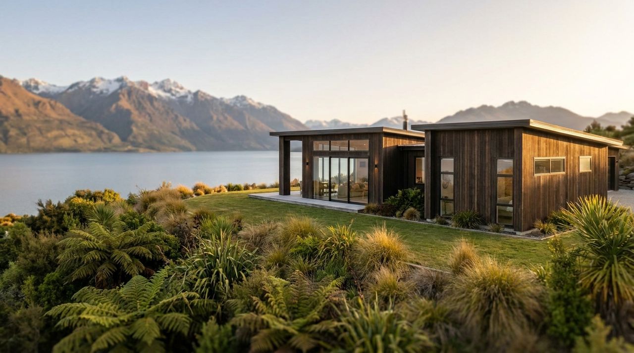 Modern timber New Zealand home overlooking a lake and the snow-dusted Southern Alps at golden hour