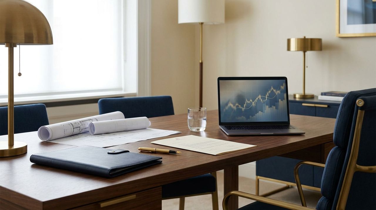 A refined private advisory desk with a leather folder, fountain pen and property documents
