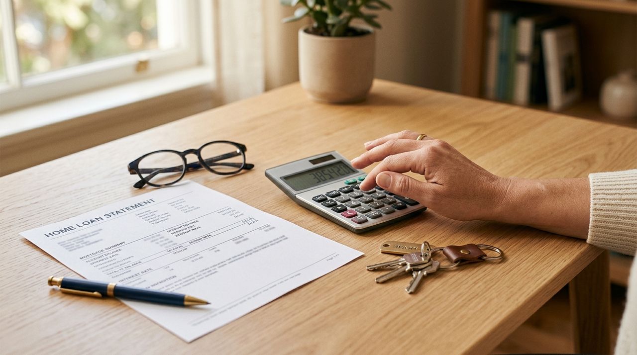 A home loan statement, calculator, glasses and house keys on a timber desk