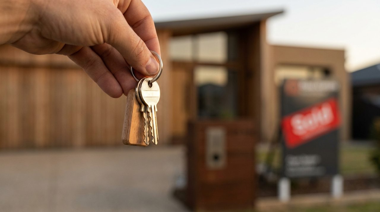 Hand holding keys in front of a newly purchased Australian investment property